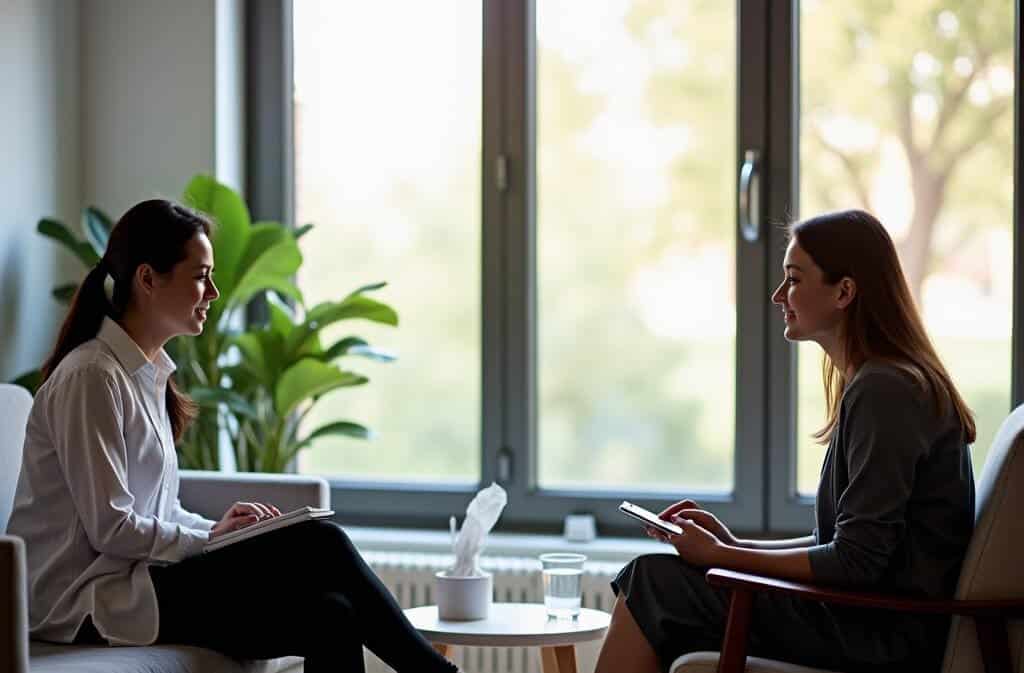 Two women sitting in an office like space talking about mental health
