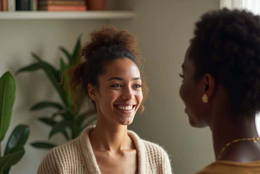 Two women looking at each other smiling
