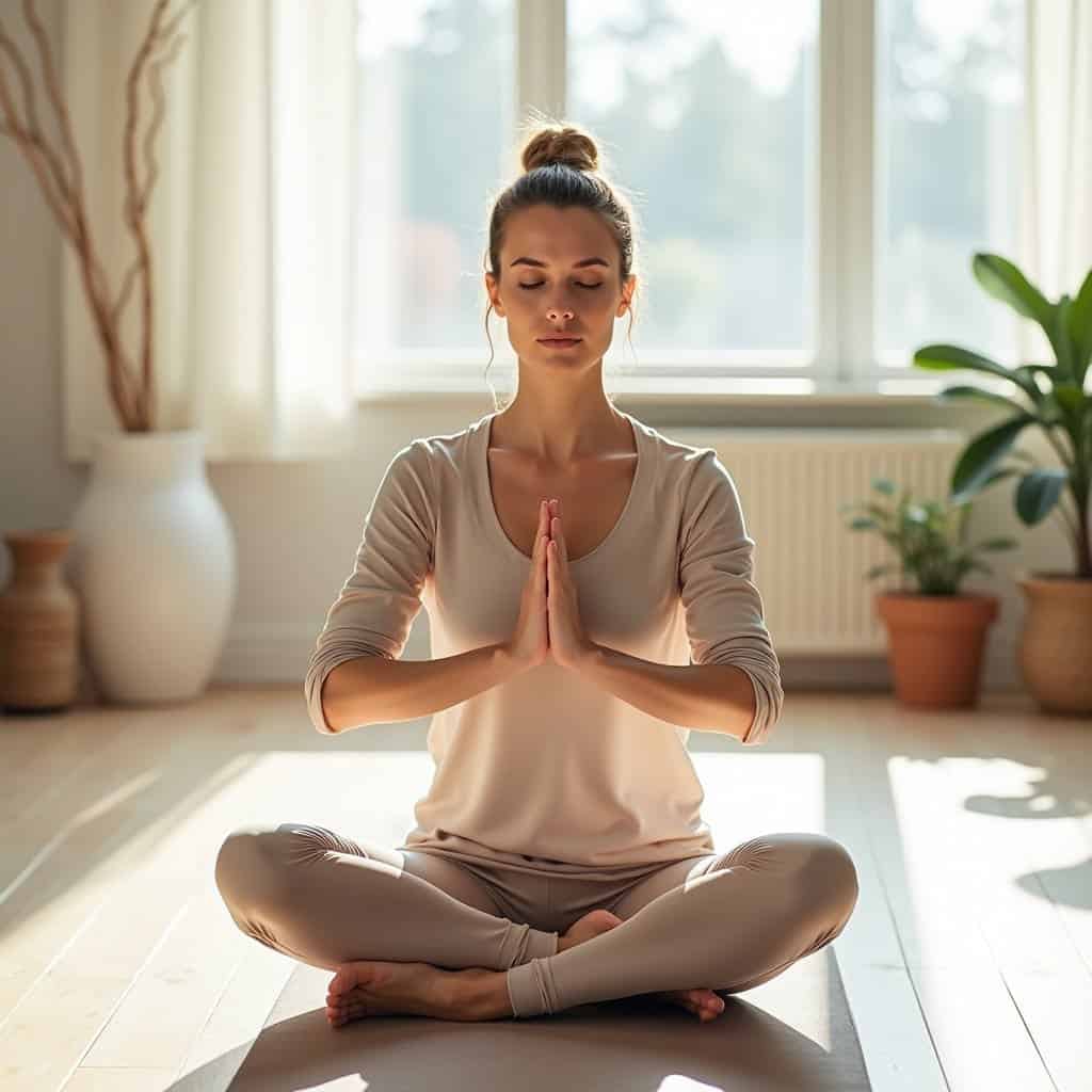 Woman sitting in yoga pose relaxing