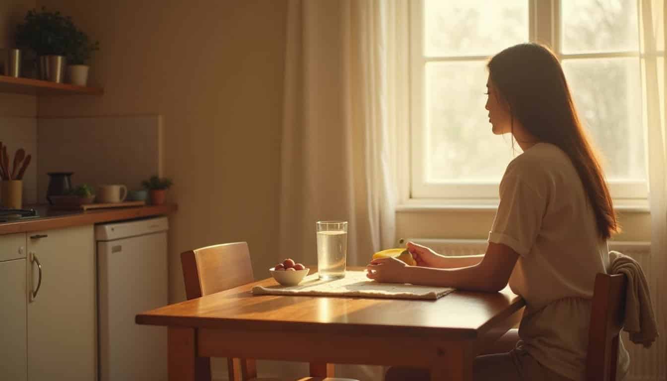 Person resting at a kitchen table with a bowl of fruit in a peaceful detox recovery setting