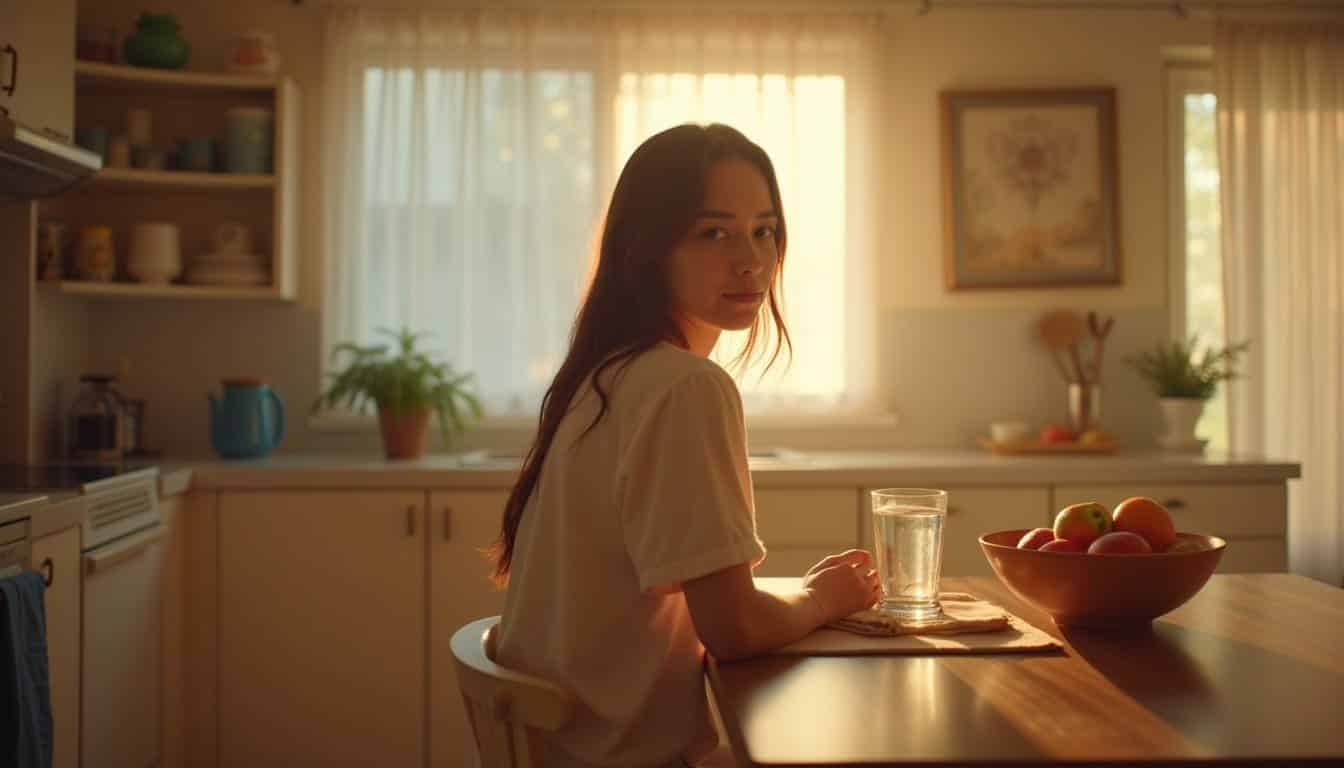 Person sitting in a cozy detox kitchen with soft natural light and fresh fruit on the table