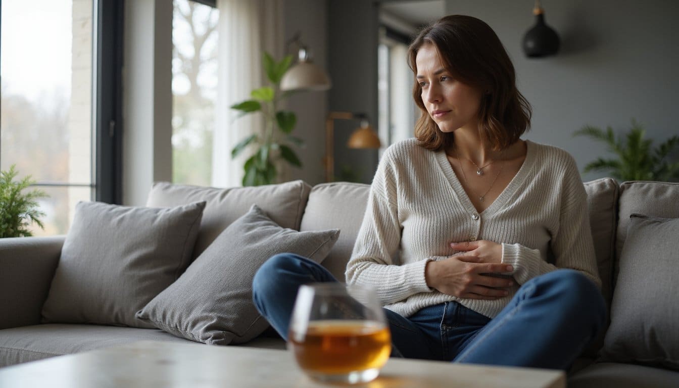 A woman wearing a shirt seated on a couch, body slightly curled forward, one hand resting over her lower abdomen and the other on the cushion beside her.