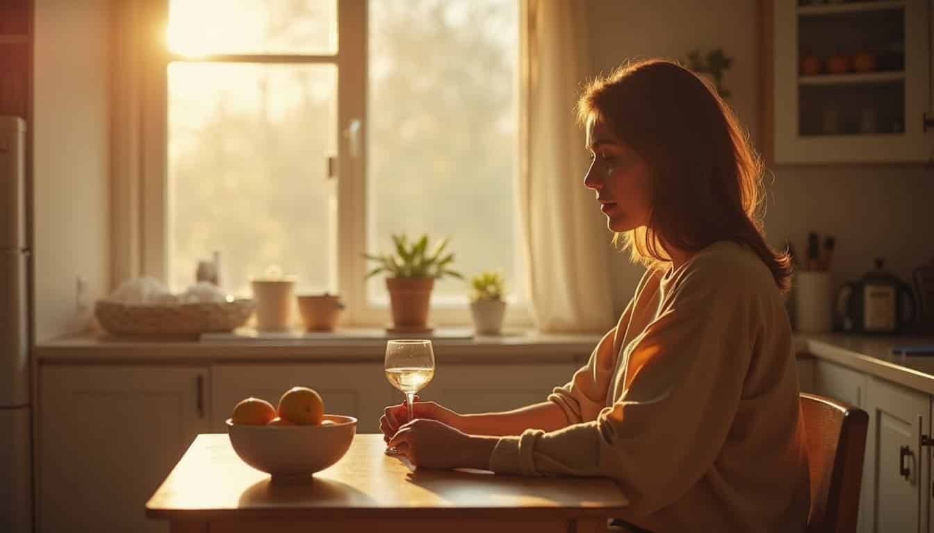 Residential detox kitchen with a person seated at a simple table in warm natural light