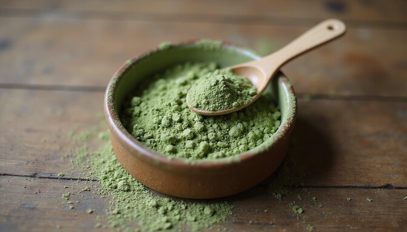 A wooden table with an empty weight machine beside a container filled with green powder
