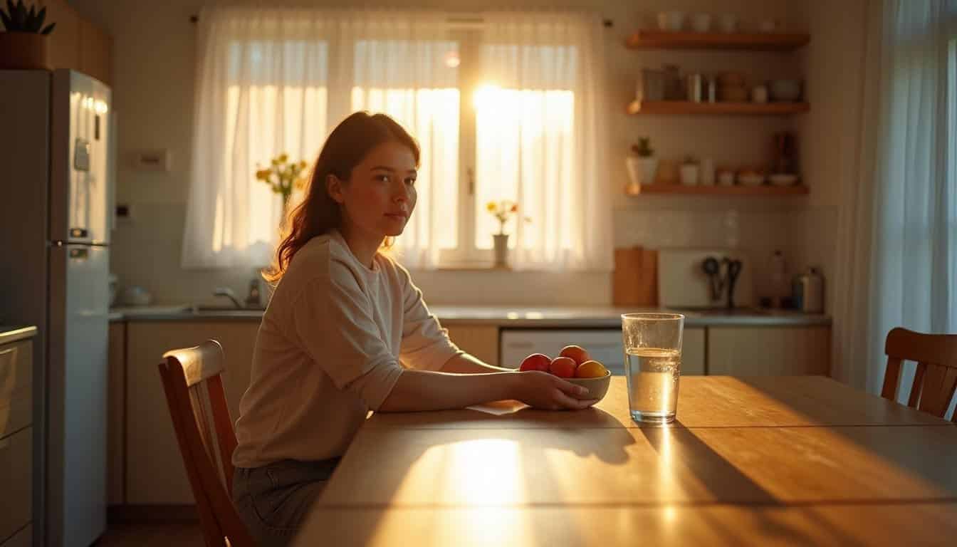 Morning sunlight in a clean home kitchen with a person sitting quietly near a glass of water