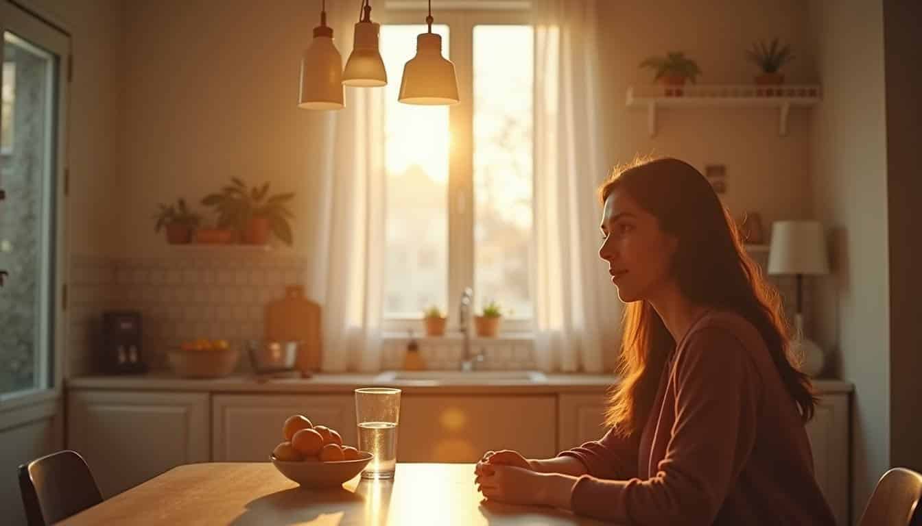 Person sitting at a table with fruit and water in a clean and peaceful recovery kitchen