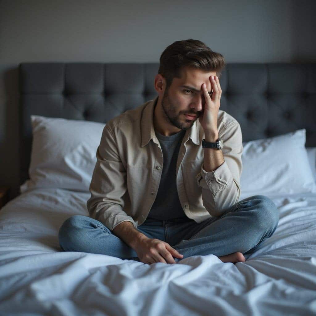 A man looking distress in her bed