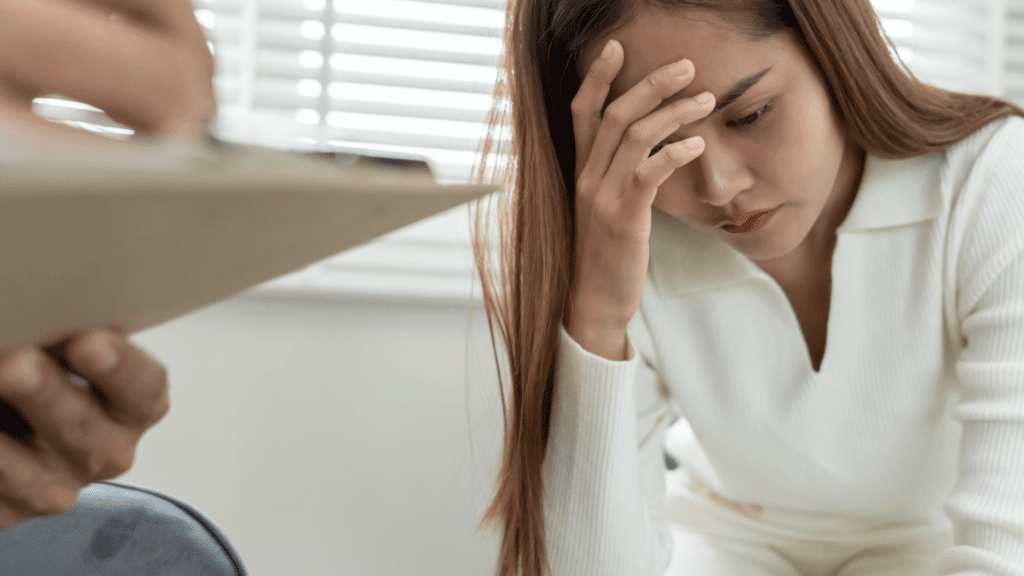 Young woman experiencing stress or anxiety at home or office setting.
