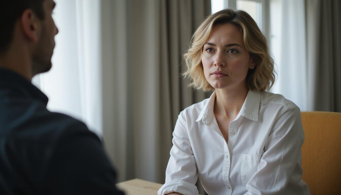Person sitting on sofa at home indoors, physically drained facial expression, tired eyes,