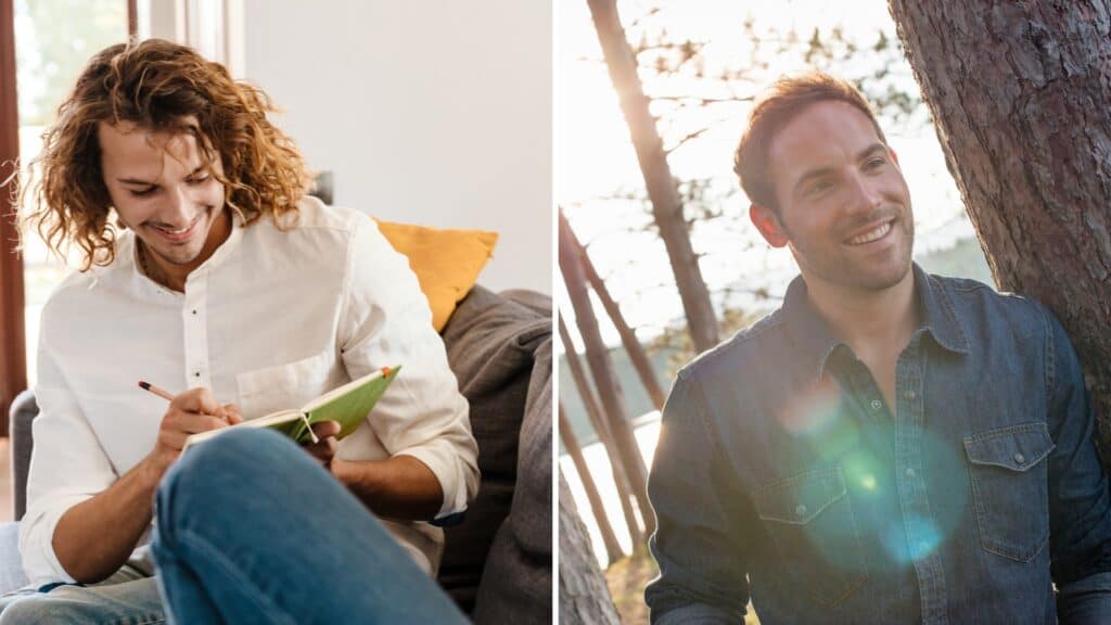 A split image of a therapist taking notes and a man smiling in a forest for the topic how much does rehab cost.